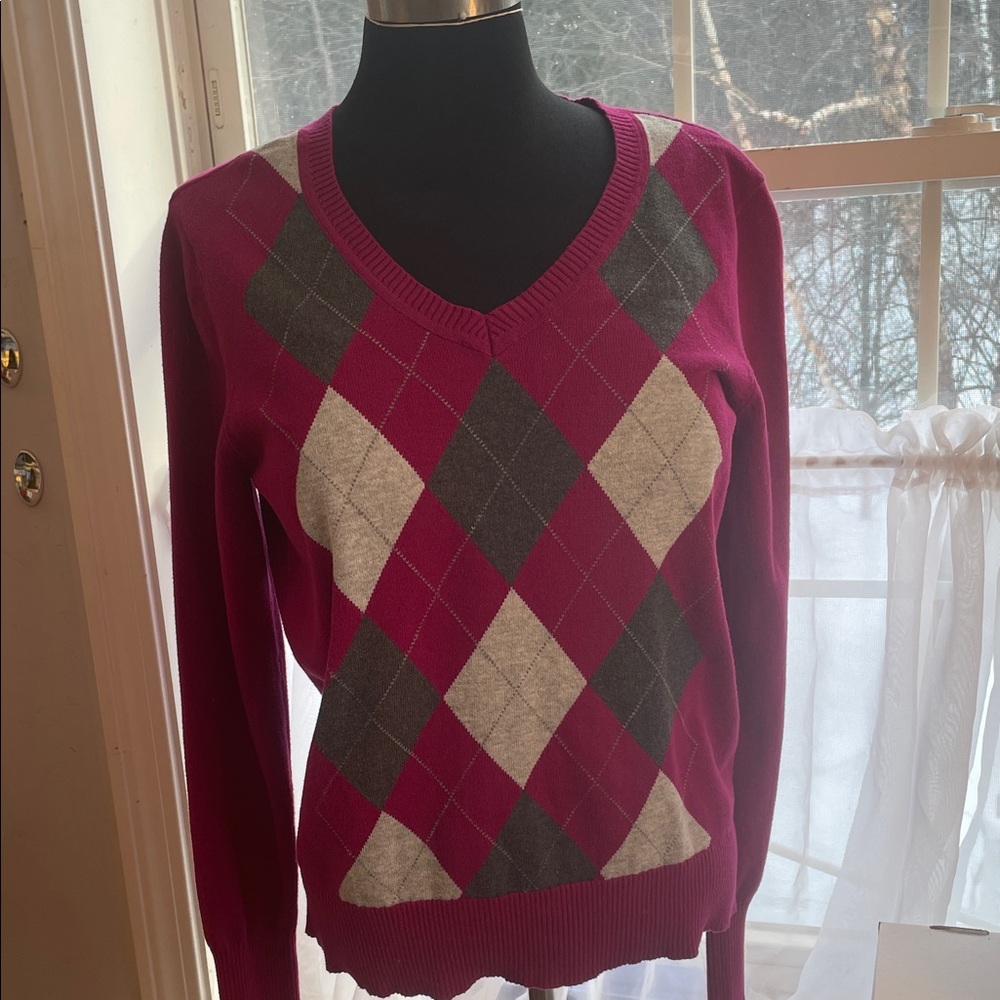 Woman’s St. John's Bay V-Neck Sweater - Fuchsia and Charcoal Argyle